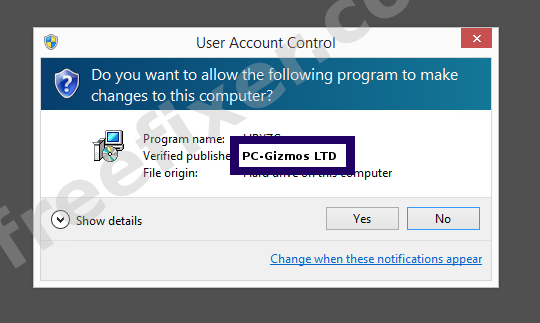 Screenshot where PC-Gizmos LTD appears as the verified publisher in the UAC dialog